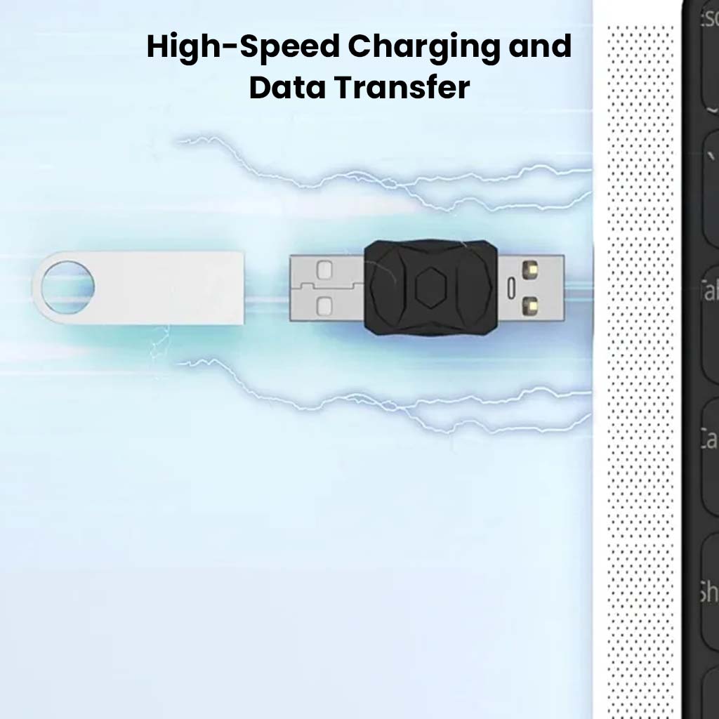 TECPHILE USB OTG Adapter plugged into a laptop with a flash drive, showcasing high-speed charging and efficient data transfer capabilities.