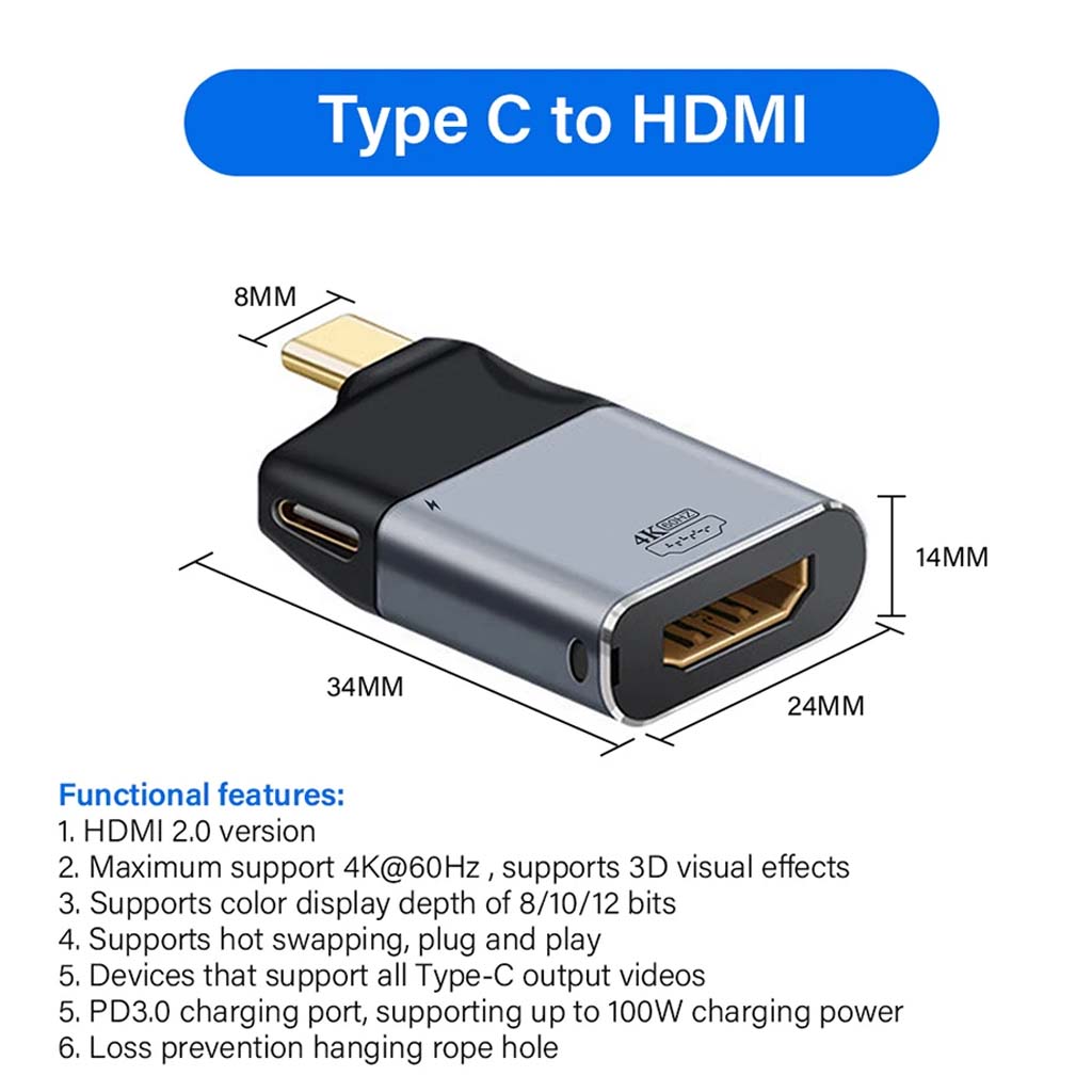TECPHILE Type-C to HDMI adapter dimensions and features include 4K@60Hz support, 100W PD charging, hot swapping, and loss prevention design.