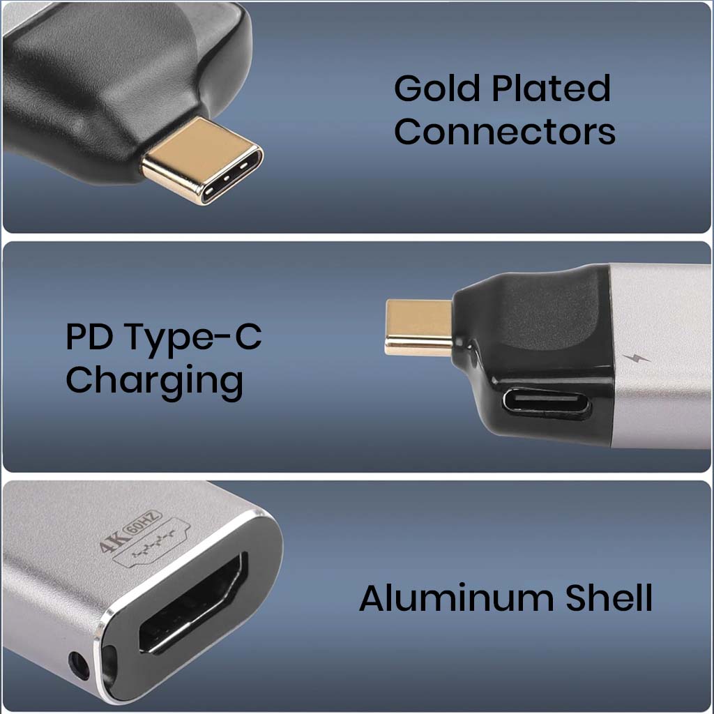 Close-up of TECPHILE adapter features gold-plated connectors, PD Type-C charging port, and durable aluminum shell for efficient performance.