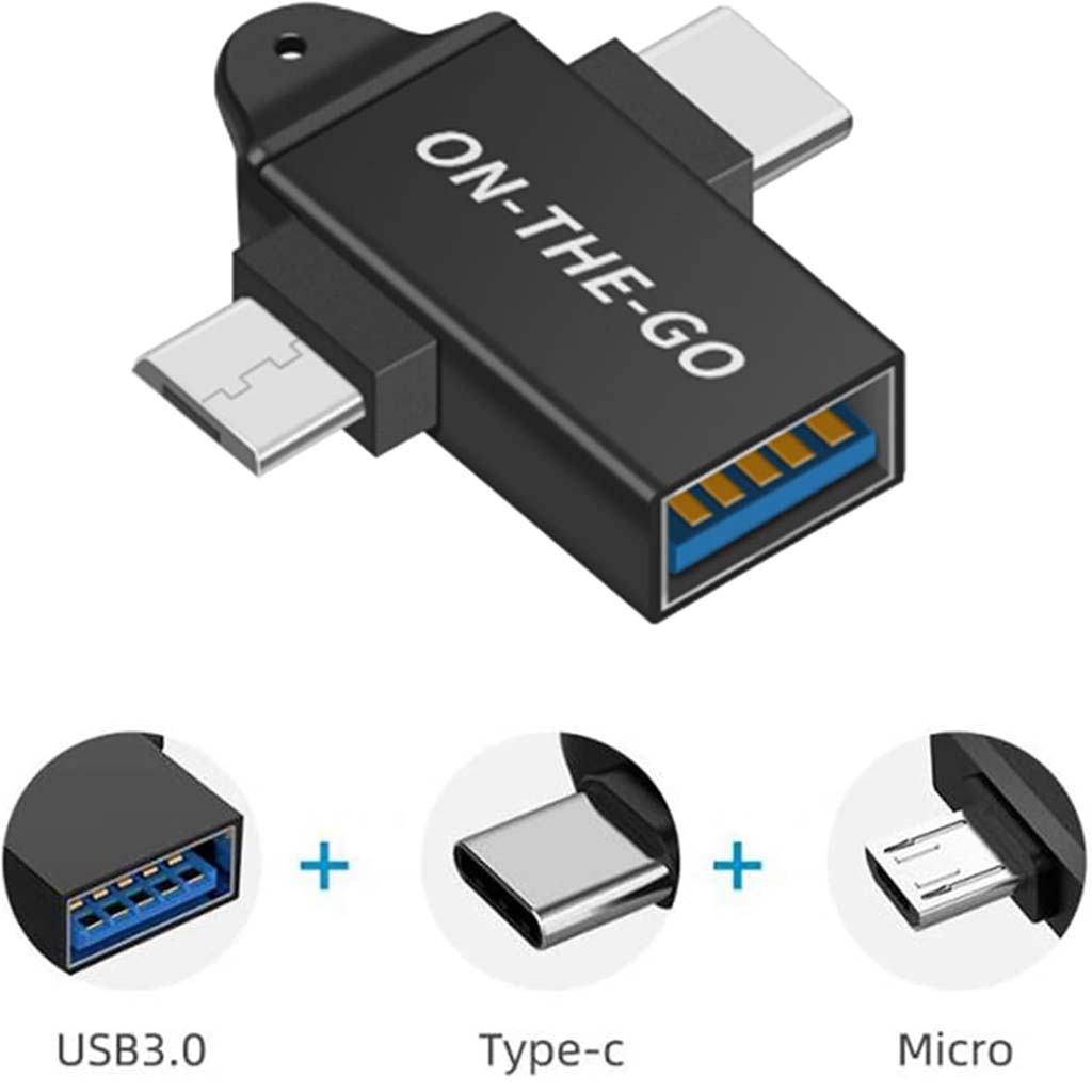 TECPHILE 2-in-1 OTG adapter features USB 3.0 female port with dual male connectors for Type-C and Micro USB compatibility.
