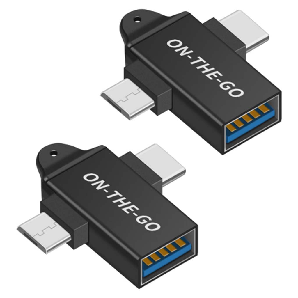 Set of two TECPHILE 2-in-1 Micro Type-C & Type-C to USB-A OTG adapters for efficient data transfer and device connectivity.