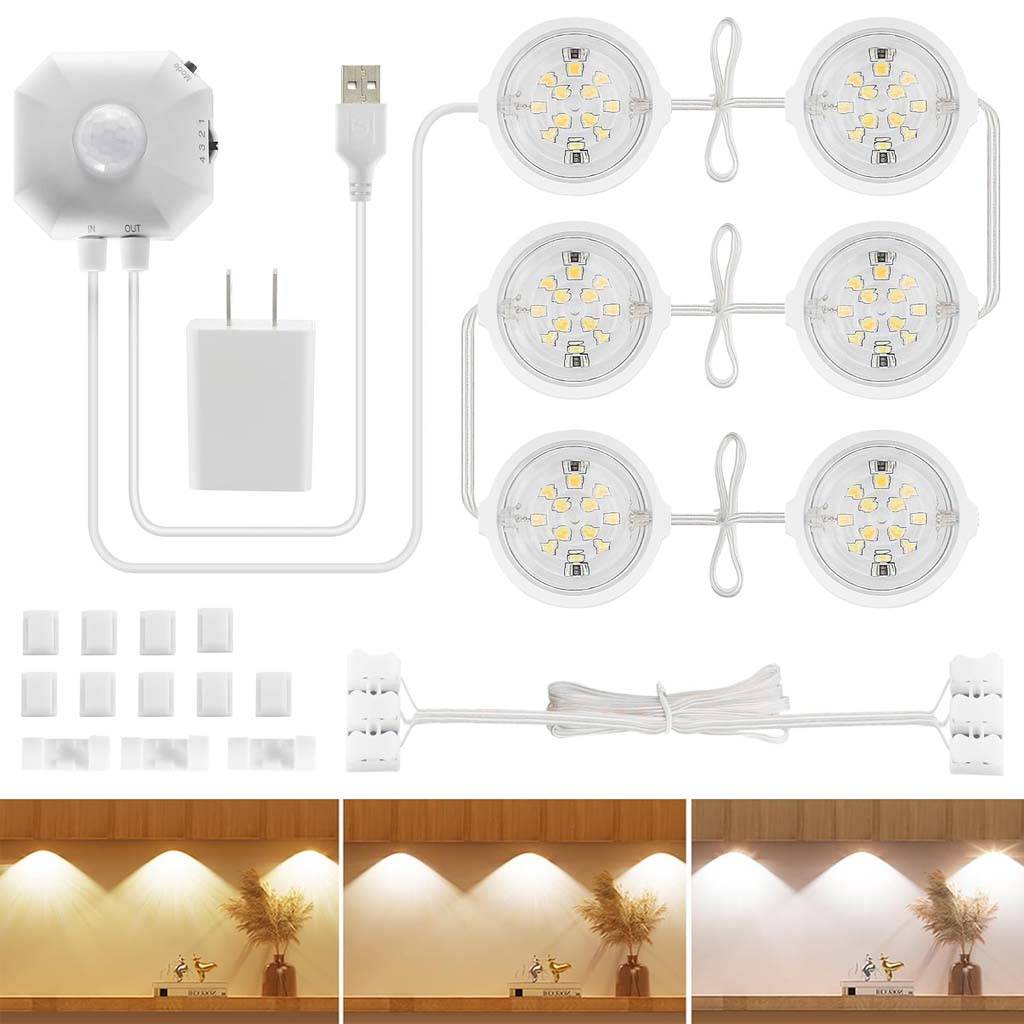 TECPHILE Cabinet Lamp with smart motion sensor, USB adapter, and 6 LED puck lights for under-cabinet lighting in kitchens, closets, and stairs.