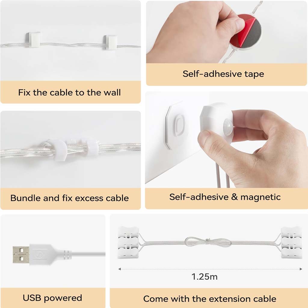 TECPHILE LED Cabinet Lamp installation accessories include USB cable, adhesive tape, and extension wire for flexible and secure setup.