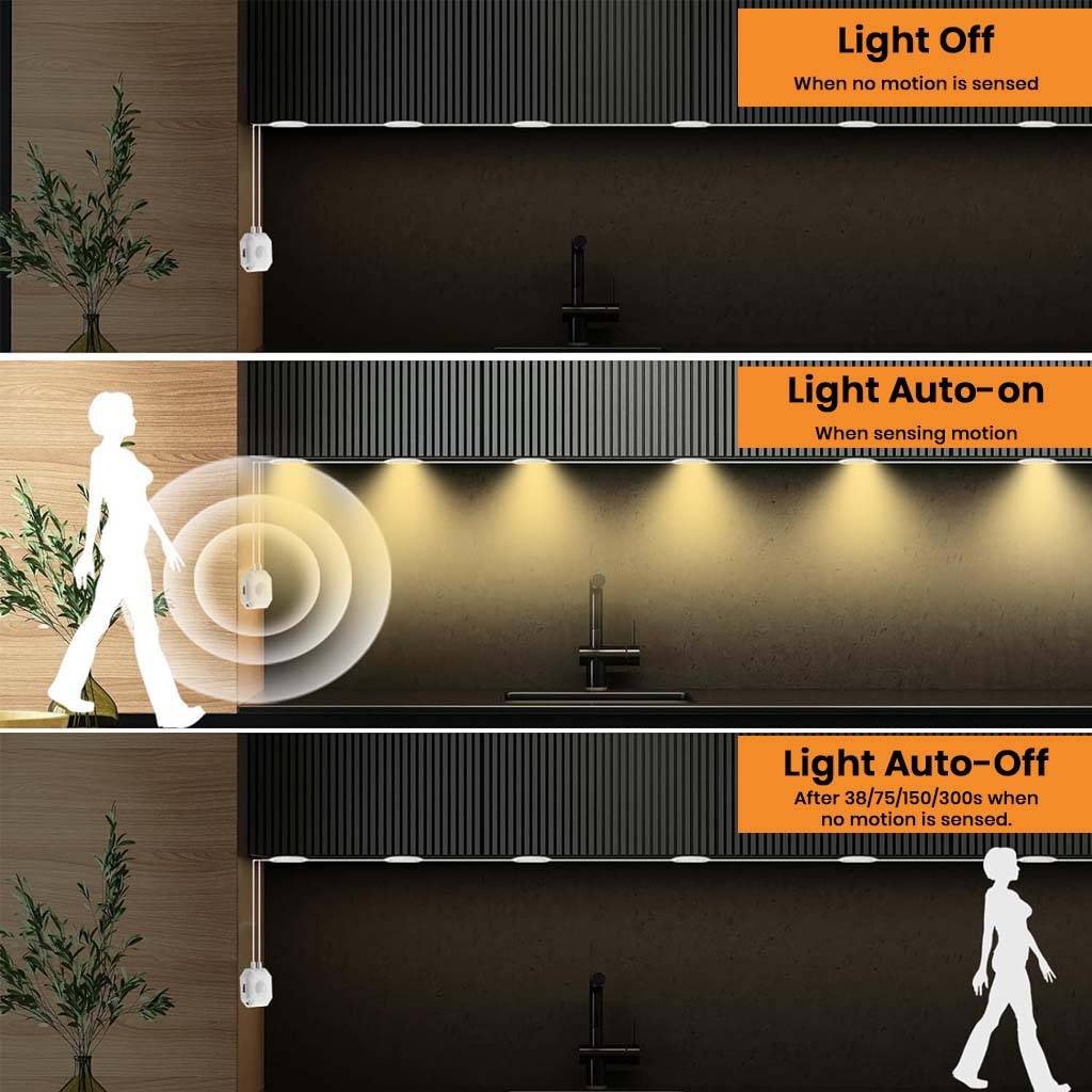 TECPHILE motion sensor LED lights auto-on and off function demonstrated under a cabinet, ideal for energy-saving home lighting solutions.