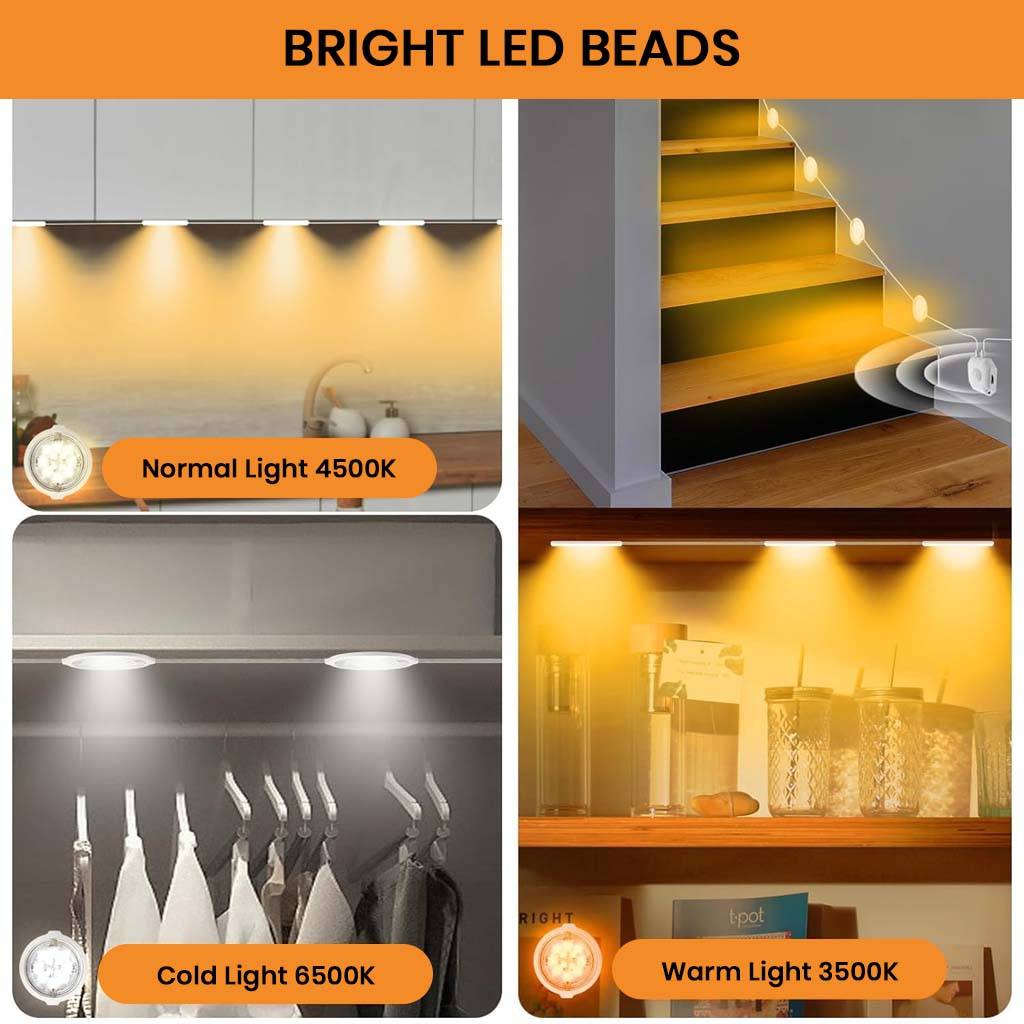 TECPHILE Cabinet Lamp offers bright LED beads in 3500K, 4500K, and 6500K color temperatures for stairs, closets, and kitchen lighting.