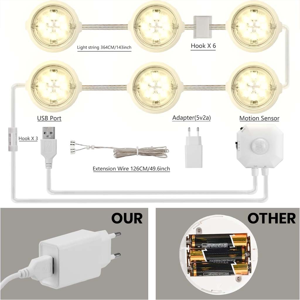 TECPHILE LED Cabinet Light kit includes USB-powered puck lights, motion sensor, and extension wire for easy installation and energy efficiency.