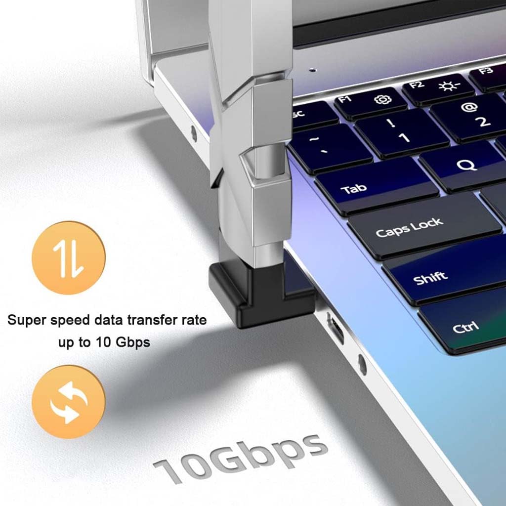 TECPHILE U-Shaped Type-C Adapter plugged into a laptop, showcasing 10Gbps data transfer speed for high-performance USB-A device connection.