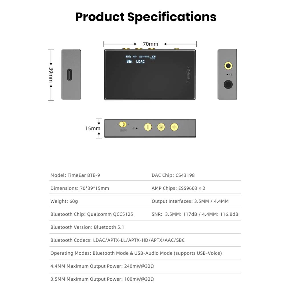 TimeEar- BTE 9 CS43198 DAC + Dual ESS9603 Amp Bluetooth DAC/Amp