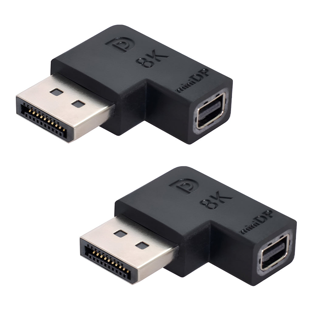 Set of two TECPHILE 8K Mini DisplayPort to DisplayPort adapters with 90° angled design for dual device setups.