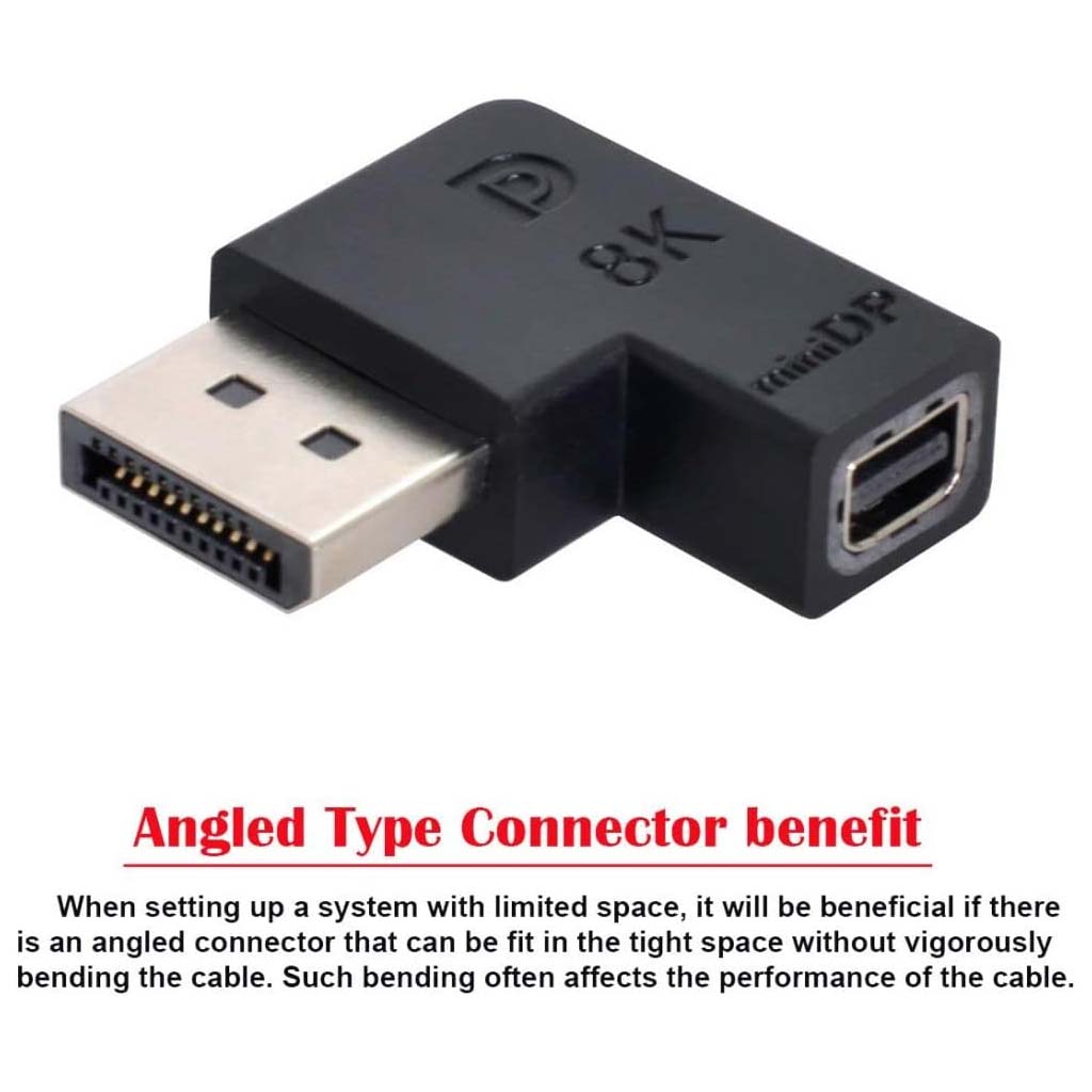 Angled connector benefit of TECPHILE 8K adapter explained for preventing cable stress in tight installation spaces.