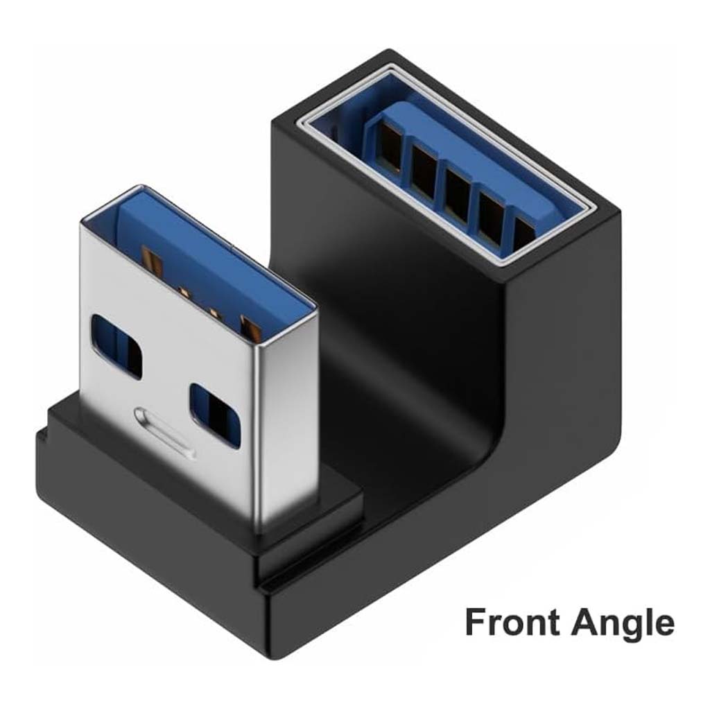 Front angle view of TECPHILE U-Shaped USB A 3.1 Adapter showing male to female port configuration for space-saving connectivity.