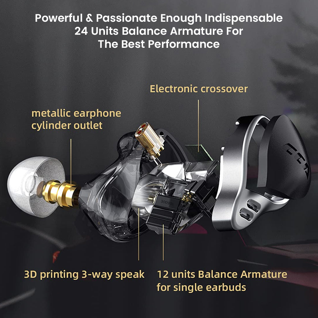 Cutaway view of CCA-APEX24 IEM showing 24 balanced armature drivers, 3D printed structure, and electronic crossover for premium sound.