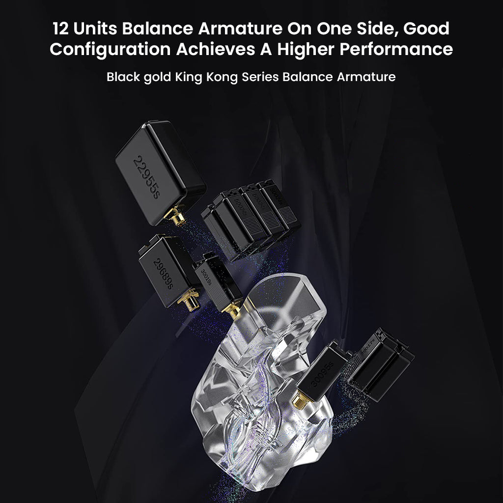 Exploded view of CCA-APEX24 IEM showing 12 balanced armature drivers per side for enhanced audio clarity and performance.