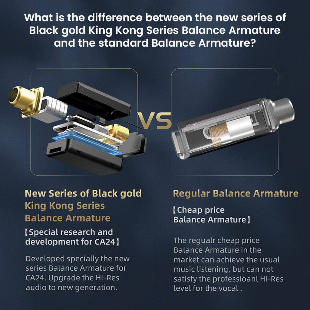 Comparison between CCA-APEX24's Black Gold King Kong Series and standard armature drivers, emphasizing Hi-Res audio upgrade.
