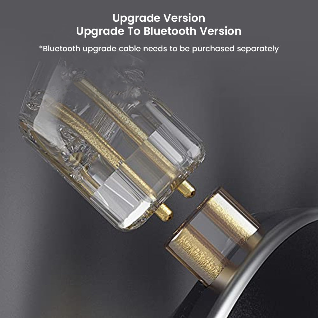 Close-up of CCA-APEX24 IEM's detachable connector, supporting optional Bluetooth upgrade for wireless audio experience.
