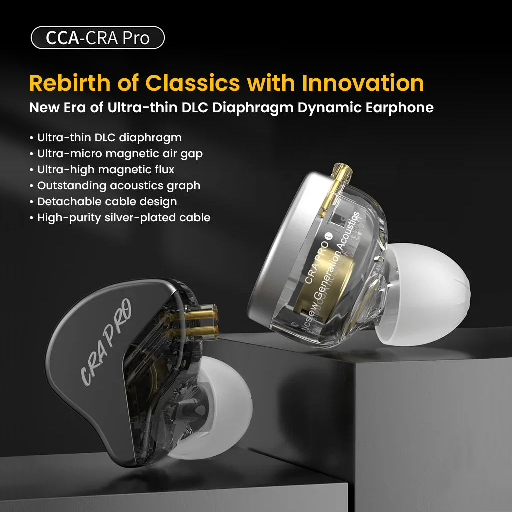 CCA-CRA Pro IEM featuring ultra-thin DLC diaphragm and high-purity silver-plated cable for enhanced audio clarity and durability.