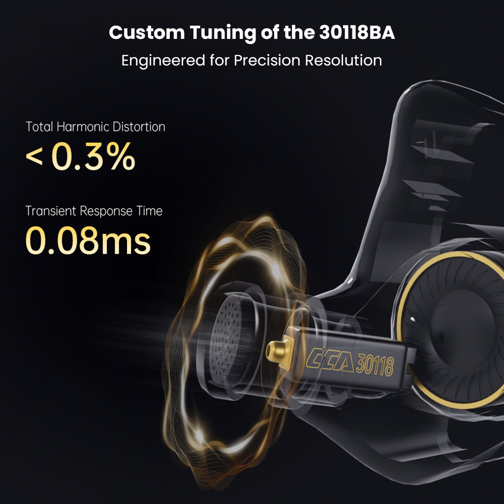 Custom-tuned 30118 balanced armature in CCA-Xyrra IEM with low harmonic distortion and fast transient response for precision sound.