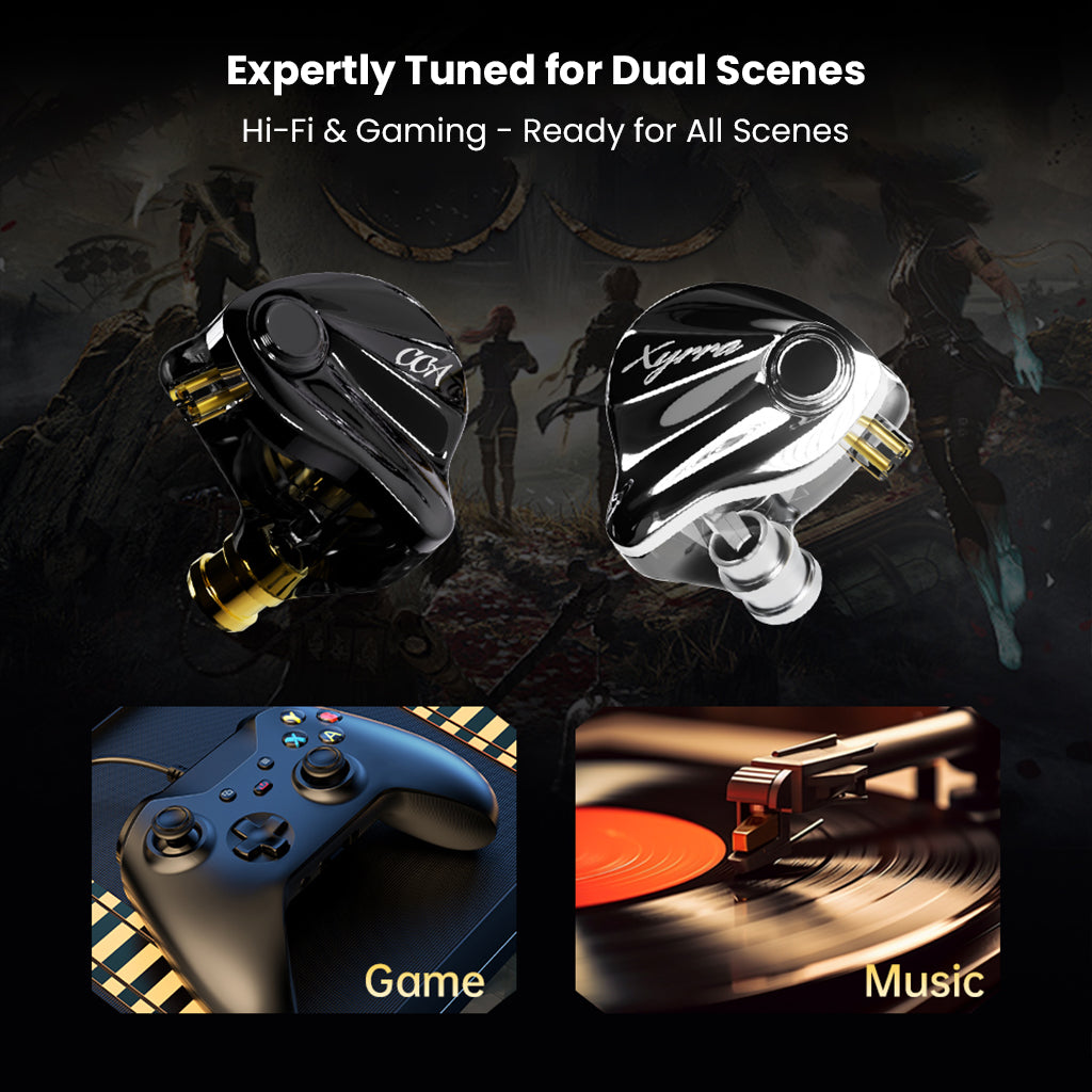 CCA-Xyrra IEMs shown with gaming and music icons, highlighting dual-scene tuning for high-fidelity and immersive audio experiences.