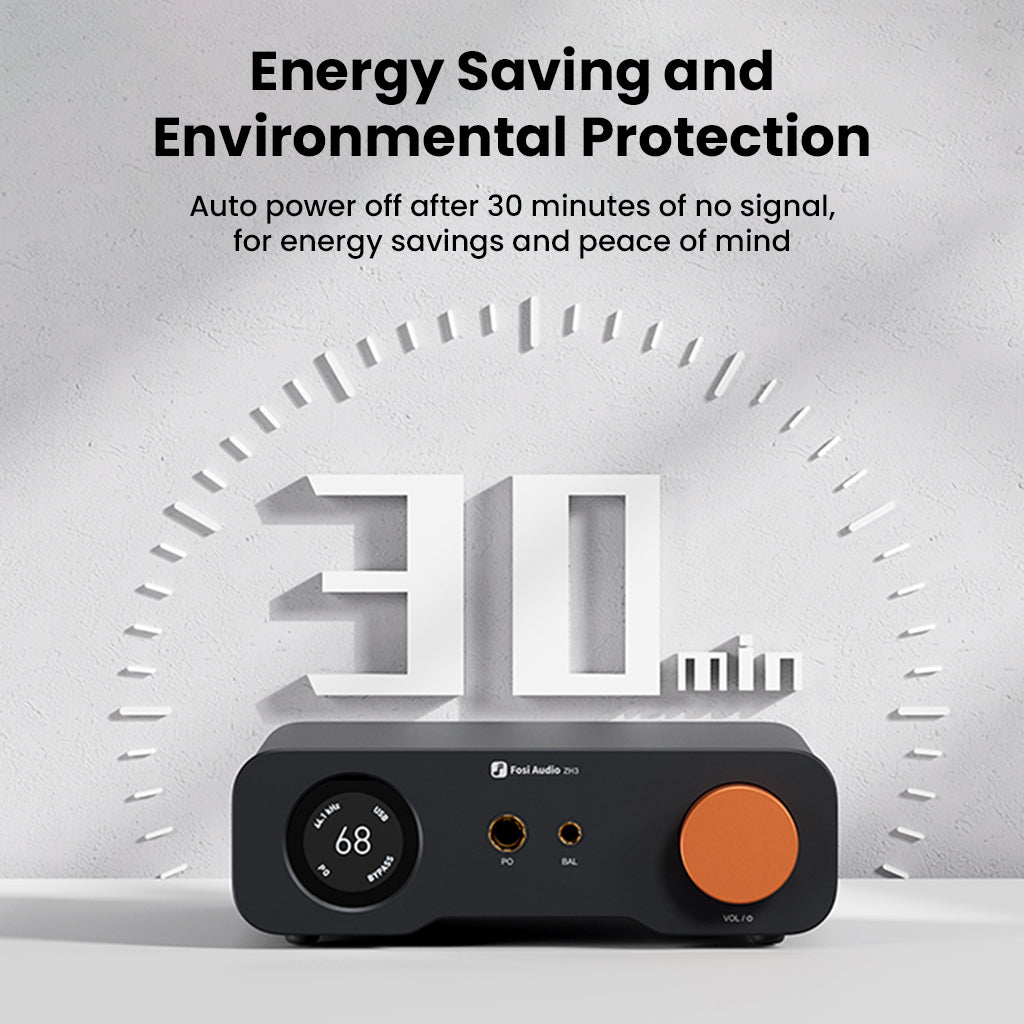 Fosi Audio ZH3 auto power-off feature after 30 minutes of inactivity for energy saving and environmental protection.