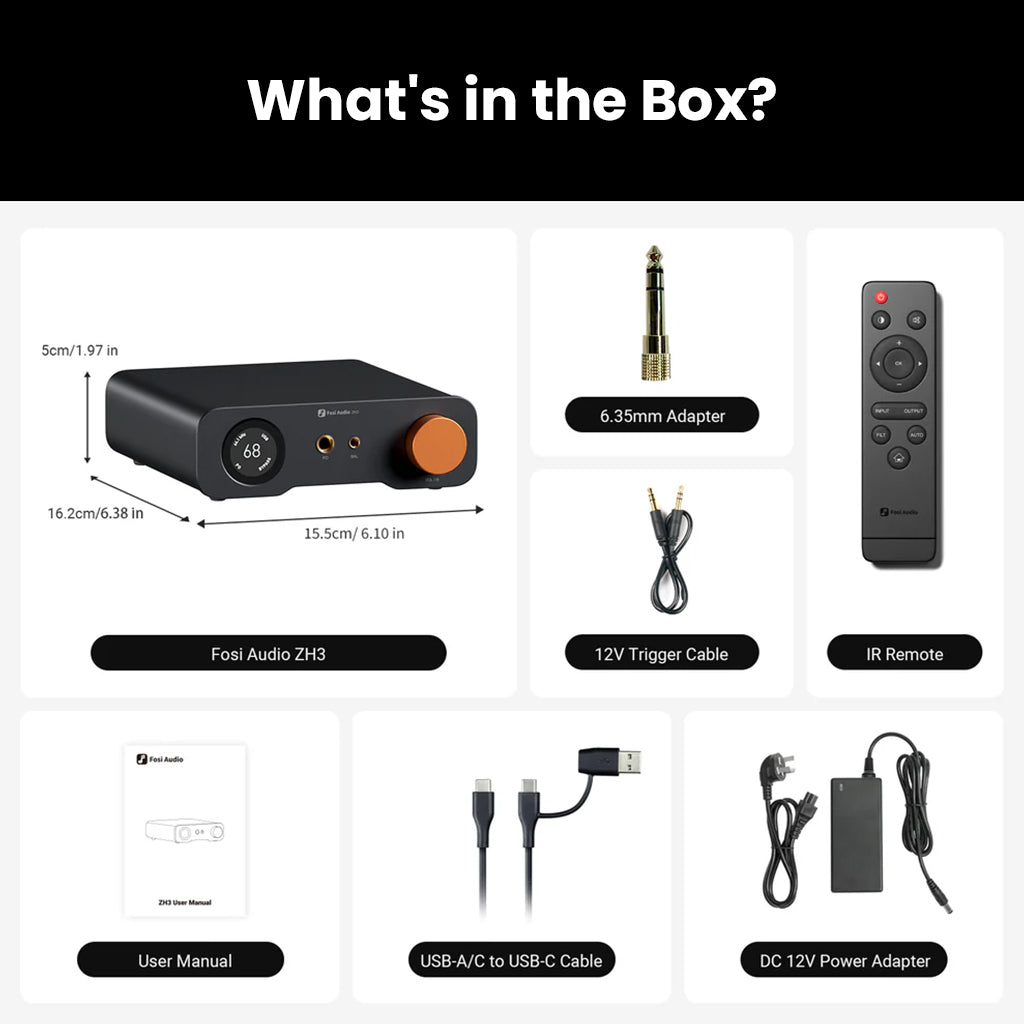 Fosi Audio ZH3 DAC & headphone amplifier package contents including unit, IR remote, cables, power adapter, and user manual for Hi-Fi audio use.
