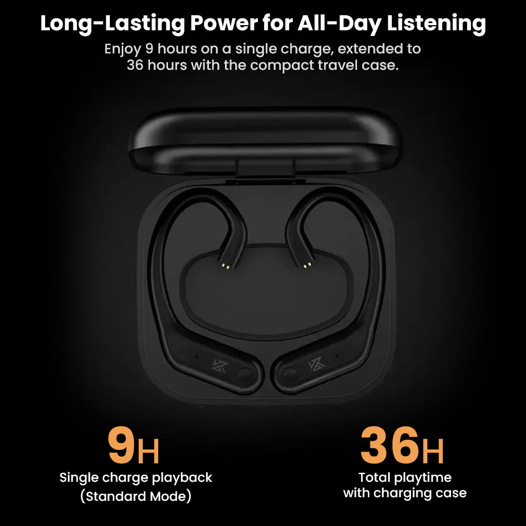 KZ AE01 PRO TWS Adapter offers 9-hour playback on a single charge and up to 36 hours with the charging case for all-day listening.