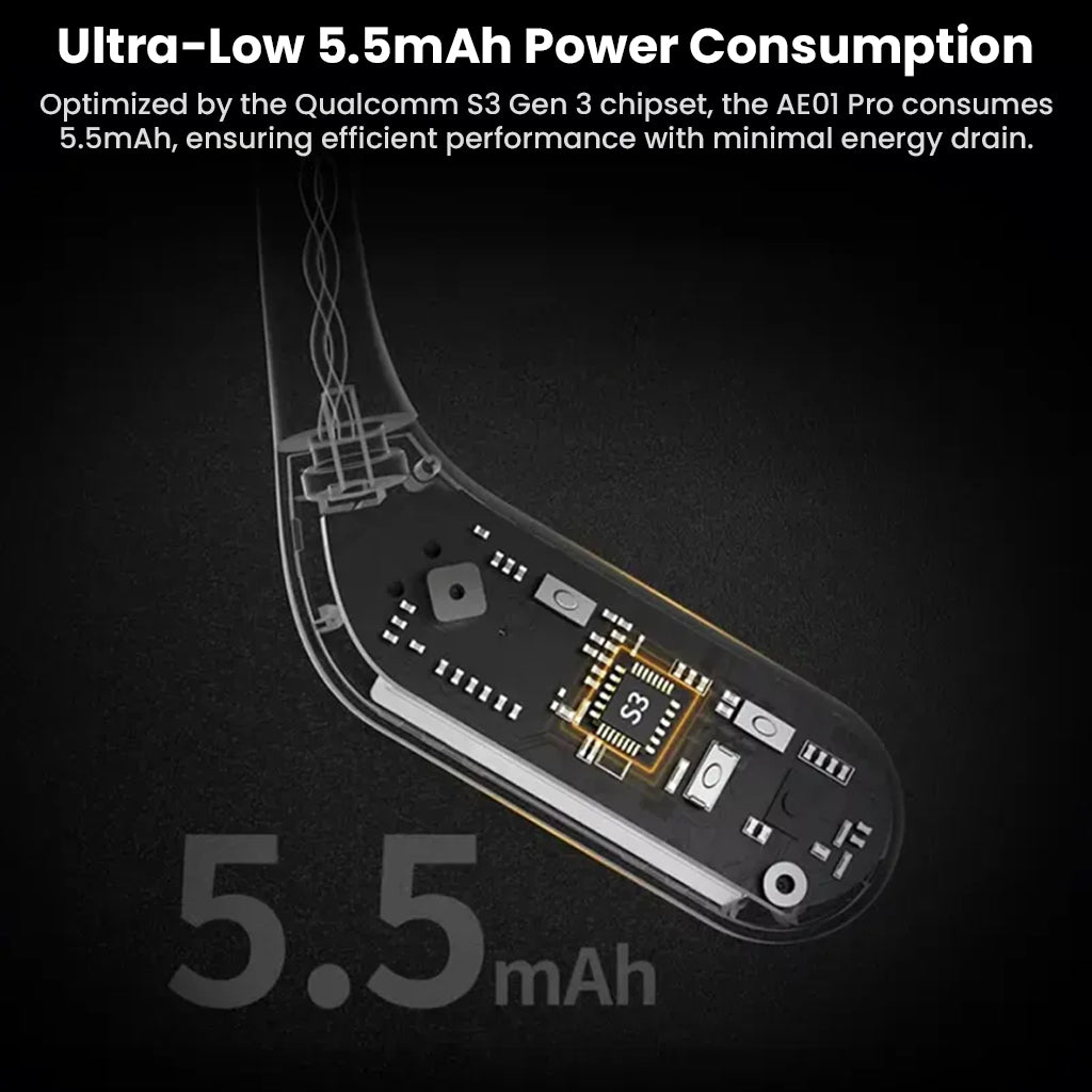 Close-up of KZ AE01 PRO Bluetooth Adapter showing Qualcomm S3 Gen 3 chipset with ultra-low 5.5mAh power consumption for efficient audio use.