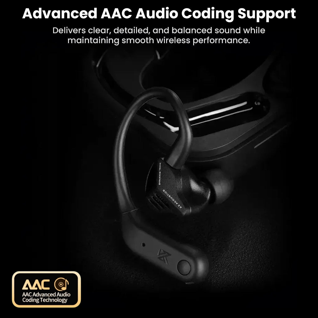 Advanced AAC audio support in KZ AE01 PRO ensures balanced, clear sound with smooth wireless performance for audiophiles and casual users.