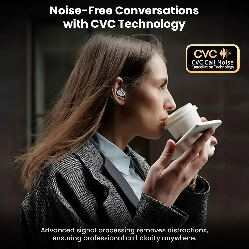 Woman using KZ AE01 PRO Adapter with CVC technology for noise-free conversations, perfect for professional call clarity on the go.