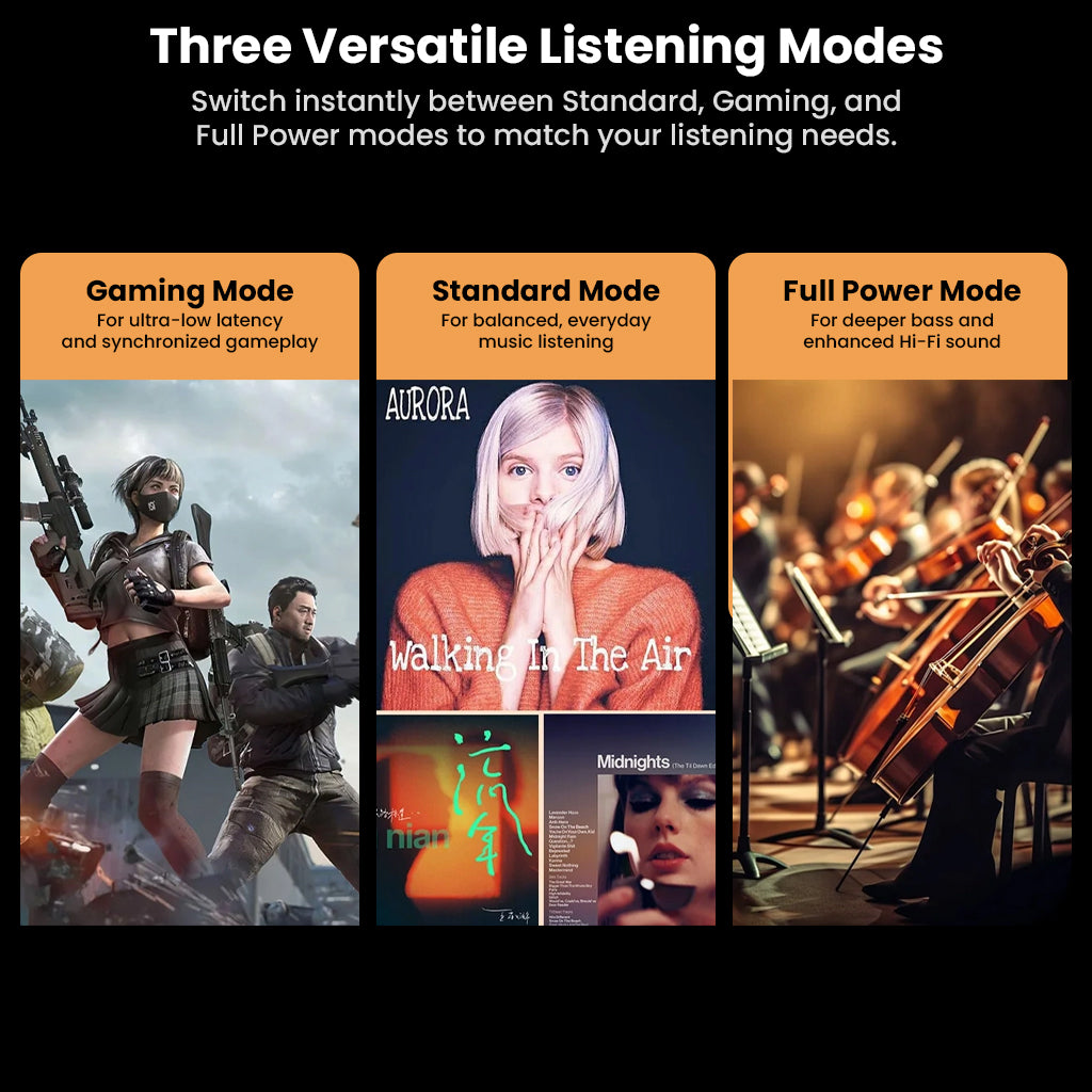 Three listening modes on KZ AE01 PRO: Gaming, Standard, and Full Power for customizable audio experiences across different activities.