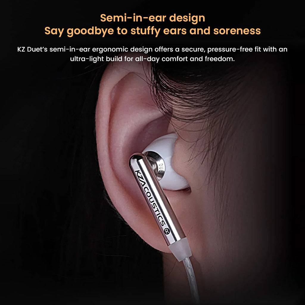 KZ- Duet Dual Dynamic Drivers Wired Earbuds with ergonomic semi-in-ear design for comfort and secure fit during extended use.