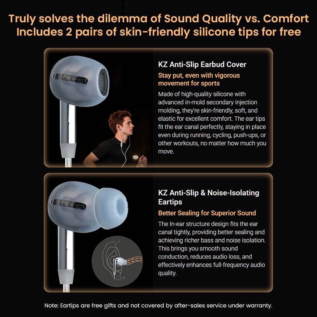 KZ- Duet Dual Dynamic Drivers Wired Earbuds include anti-slip covers and silicone eartips for enhanced comfort and secure fit.