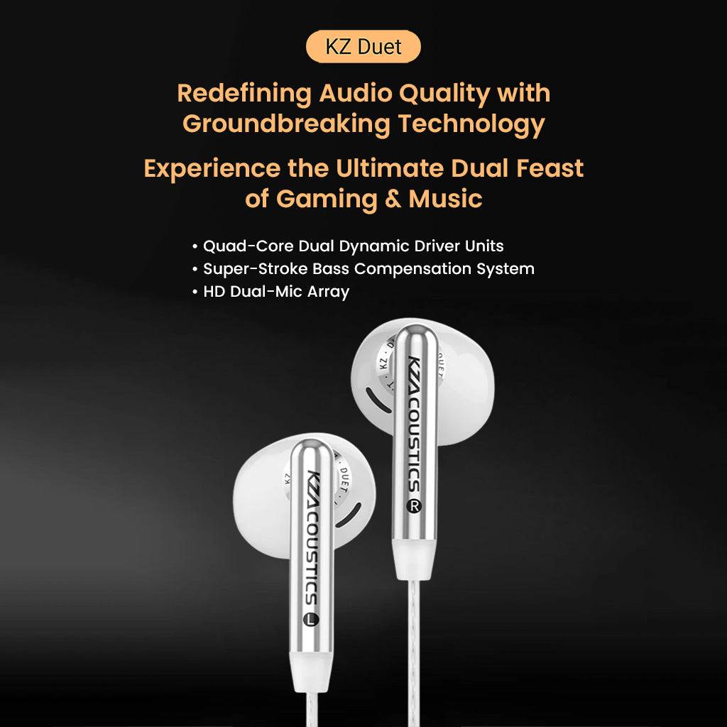 KZ- Duet Dual Dynamic Drivers Wired Earbuds featuring quad-core drivers and HD mic, optimized for immersive gaming and music.