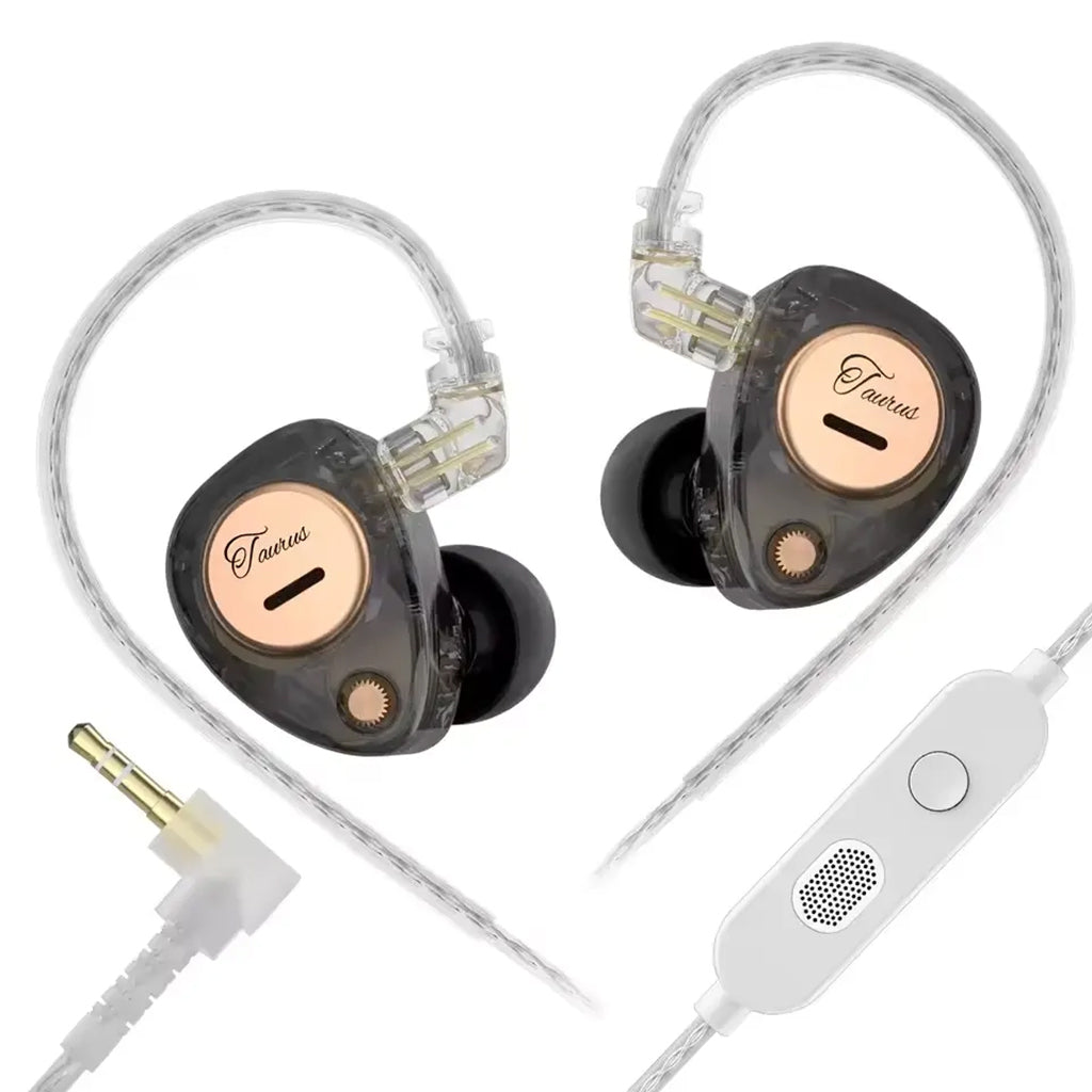 In-ear headphones with clear cable and white control unit on a white background