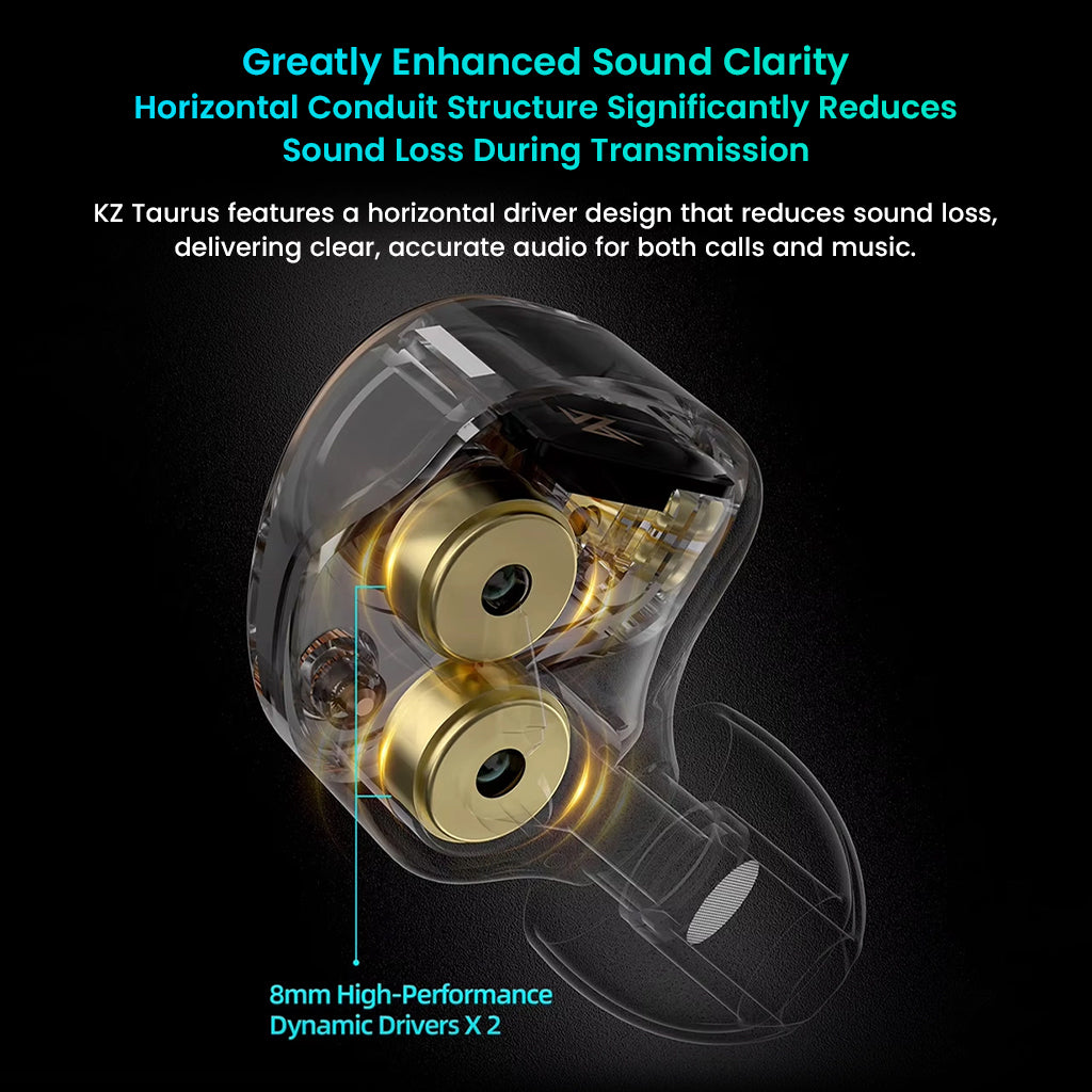 Close-up of KZ Taurus earbud with text highlighting sound clarity and design features.