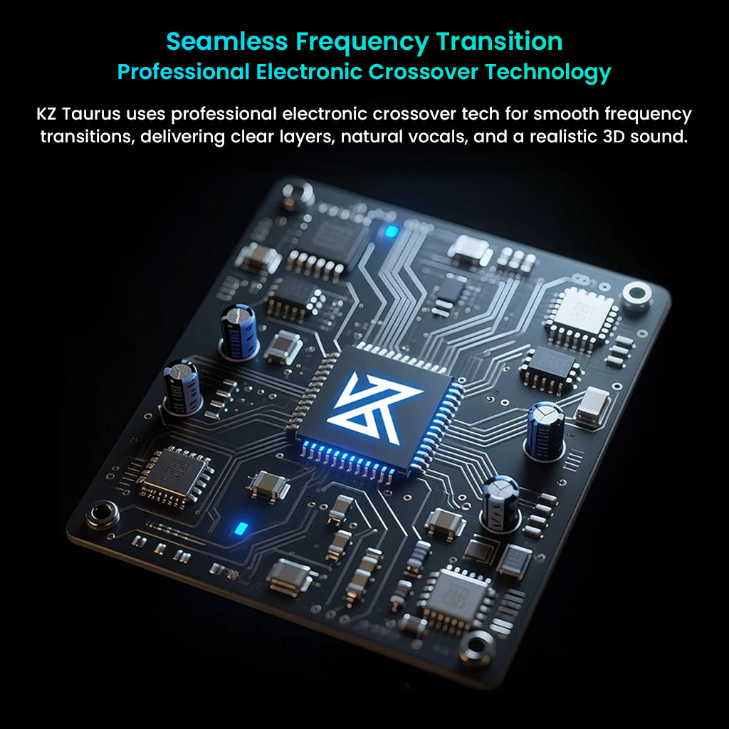 Electronic crossover board with KZ logo on a black background