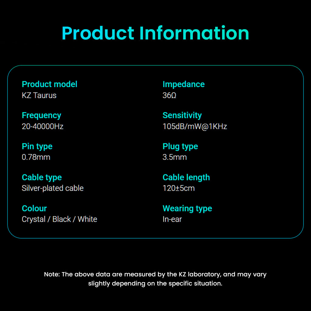 Product information table for KZ Taurus earbuds on a black background