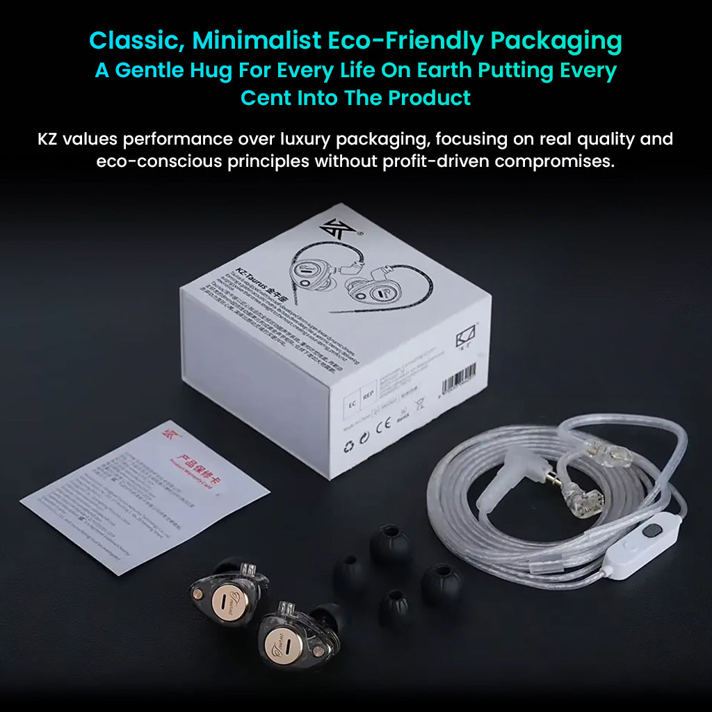 KZ earphone packaging with accessories on a dark background