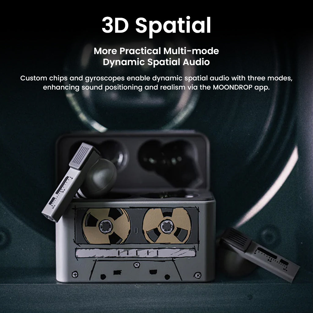 MOONDROP Golden Ages 2 features 3D spatial audio with dynamic modes using custom chips and gyroscopes for immersive sound experience.