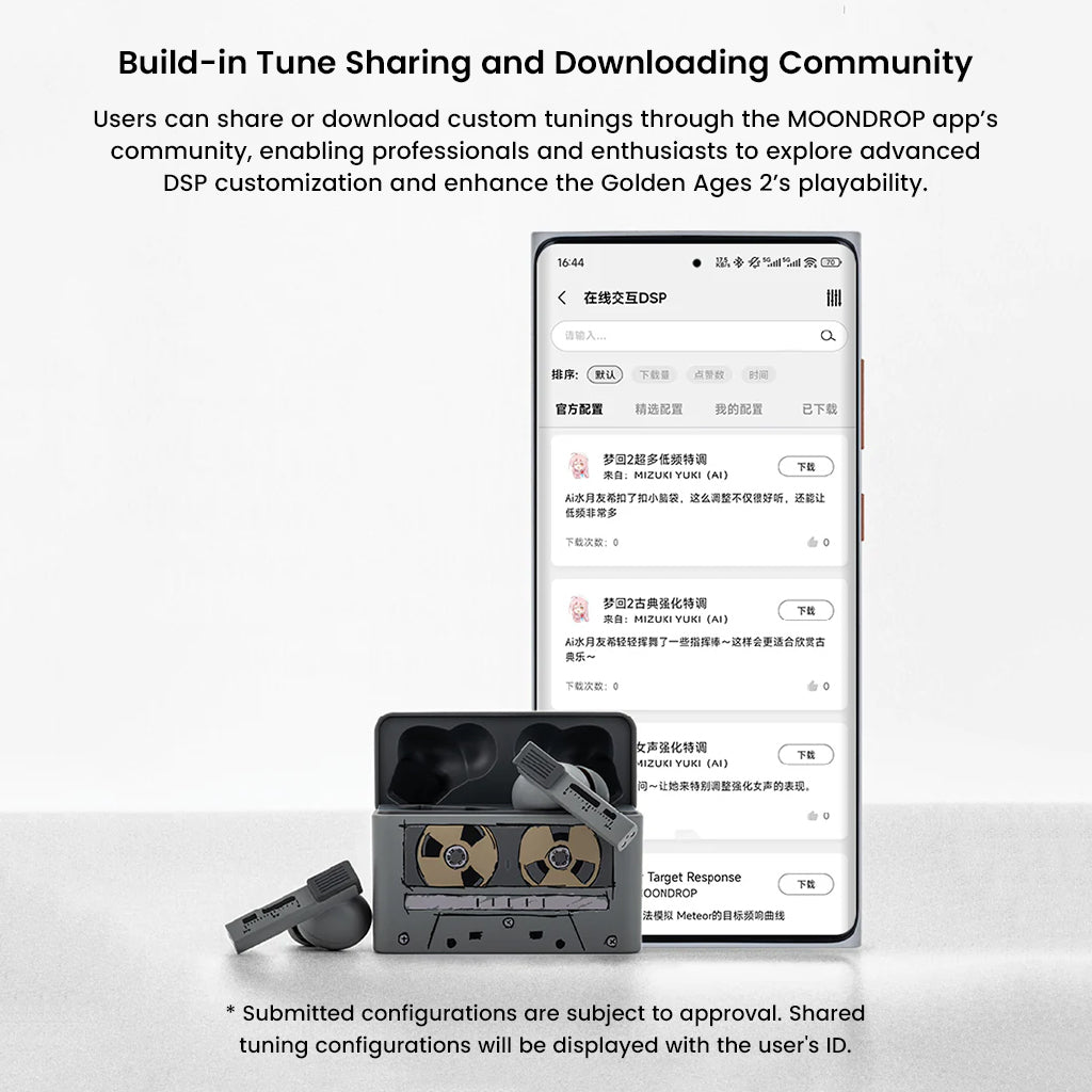 Golden Ages 2 TWS earbuds support community-based DSP tuning sharing via MOONDROP app for enhanced customization and user collaboration.
