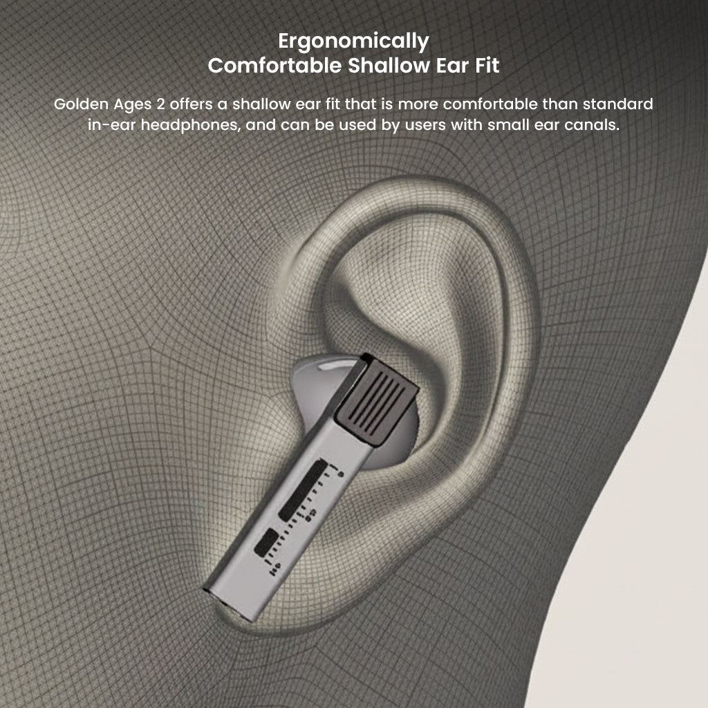 Close-up of MOONDROP Golden Ages 2 earbud in ear, showing ergonomic shallow fit ideal for users with small ear canals.