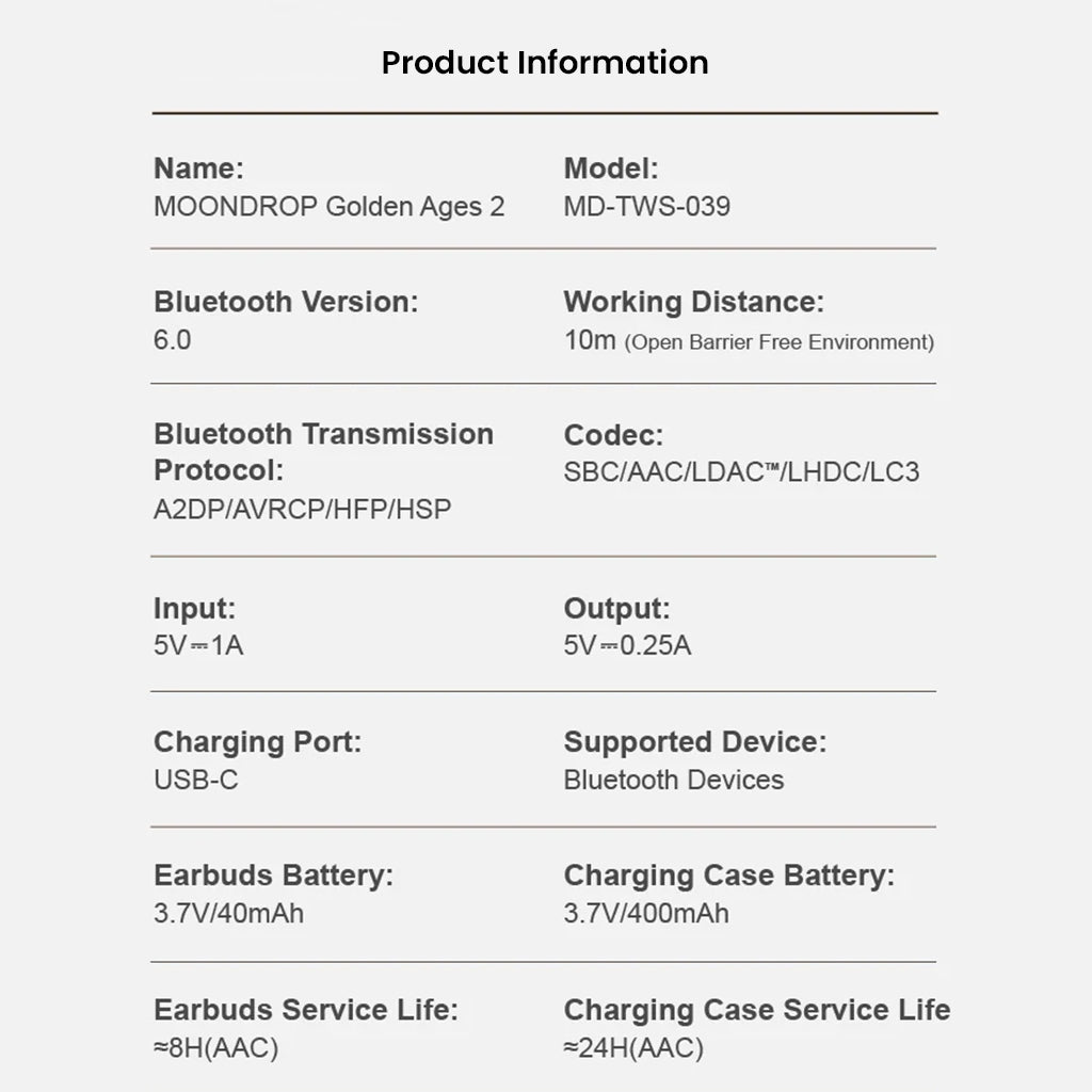 Technical specifications of MOONDROP Golden Ages 2 TWS earbuds including Bluetooth version, battery life, and charging details.