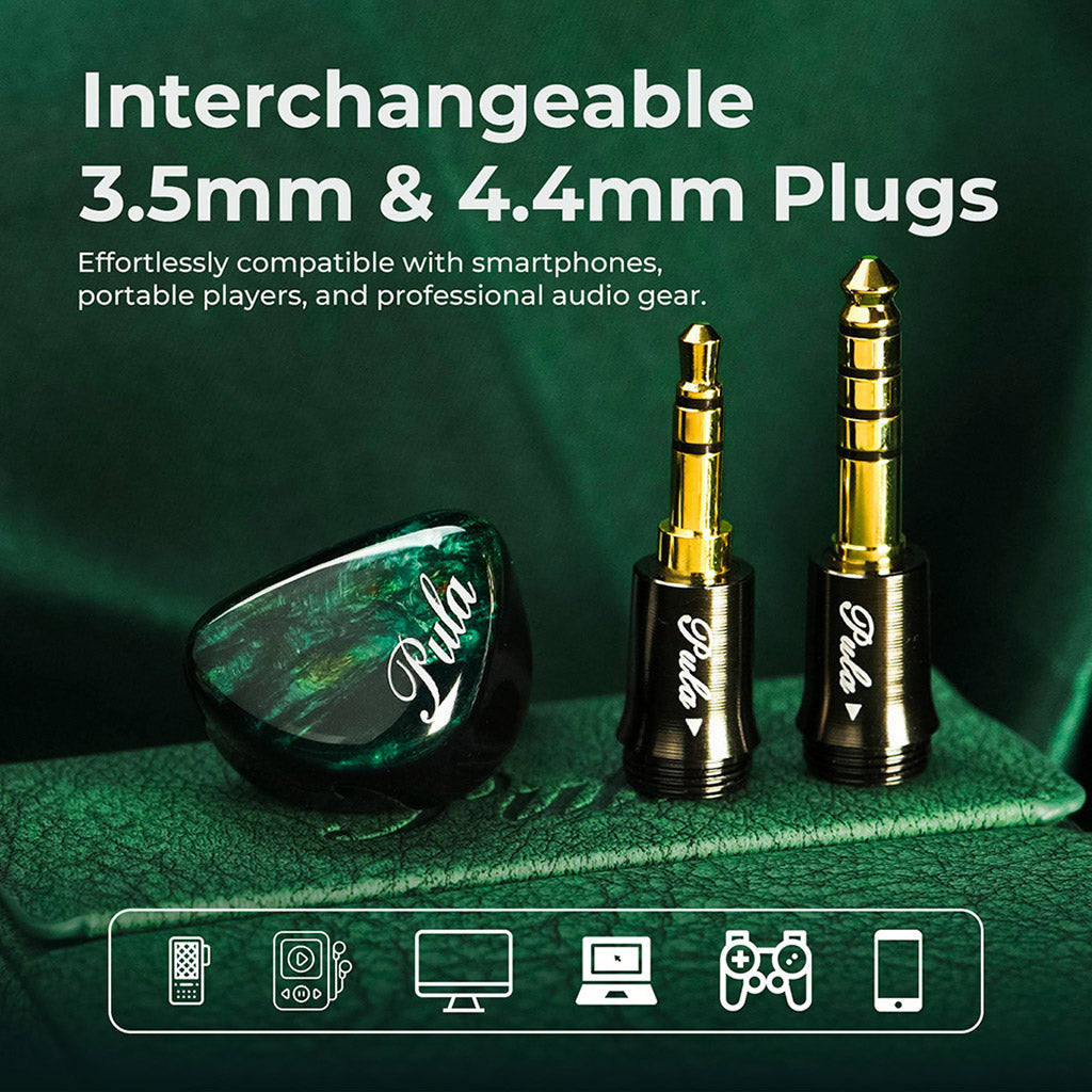PULA Unicrom IEM with interchangeable 3.5mm and 4.4mm plugs for compatibility with smartphones, DACs, and gaming devices.