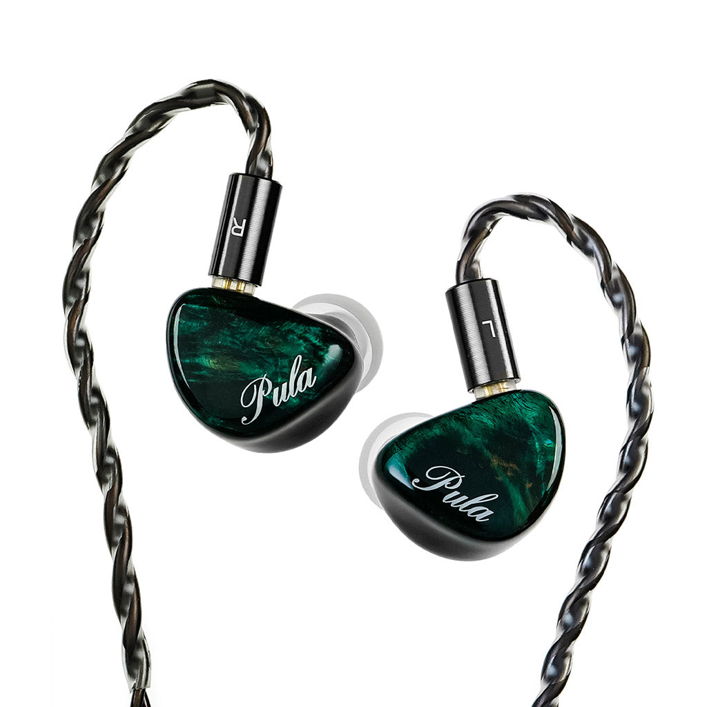 PULA Unicrom IEM in green with stabilized wood faceplate and braided cable, offering rich sound and stylish aesthetics.