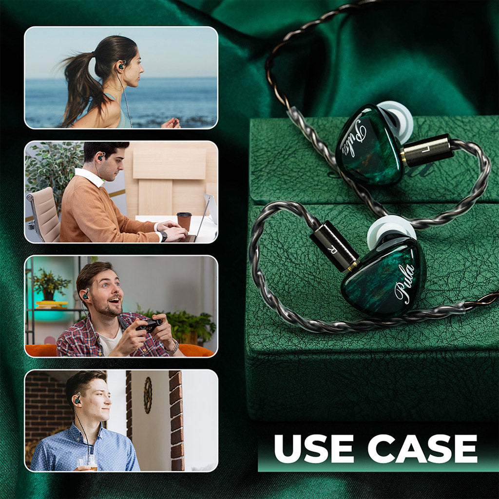 Use case collage of PULA Unicrom IEM for music, work, gaming, and casual listening, highlighting its versatile performance.