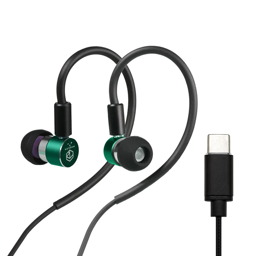 Green Photon Pro IEM with USB Type-C connector, offering high-definition audio for modern devices.