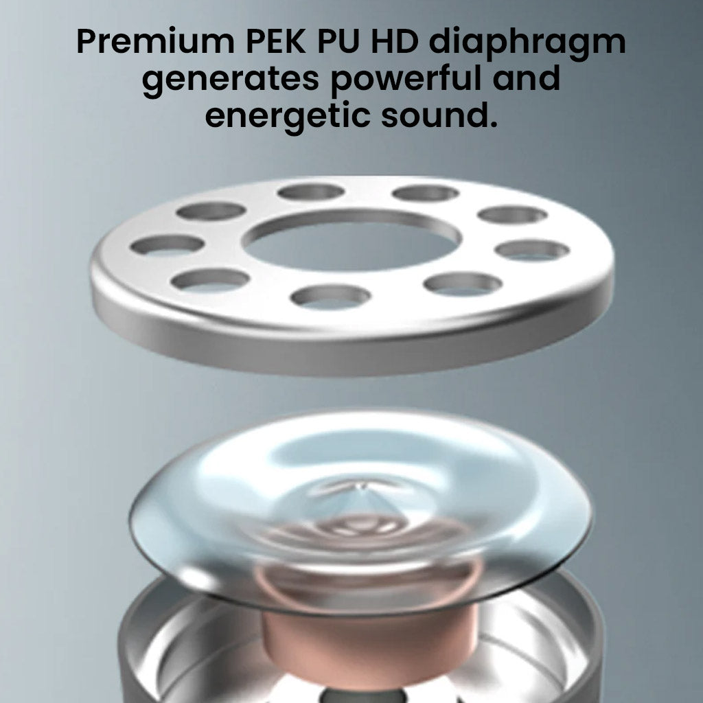 Close-up of PEK PU HD diaphragm in Photon Pro IEM, engineered for powerful and energetic sound output in compact form.