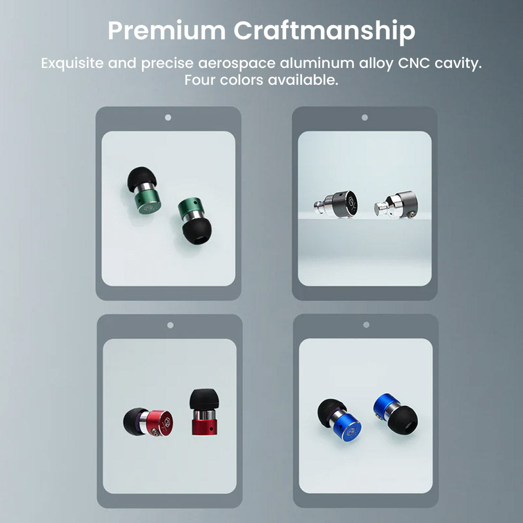 Premium craftsmanship of Photon Pro IEM shown in four color variants, made with aerospace aluminum alloy CNC cavity.