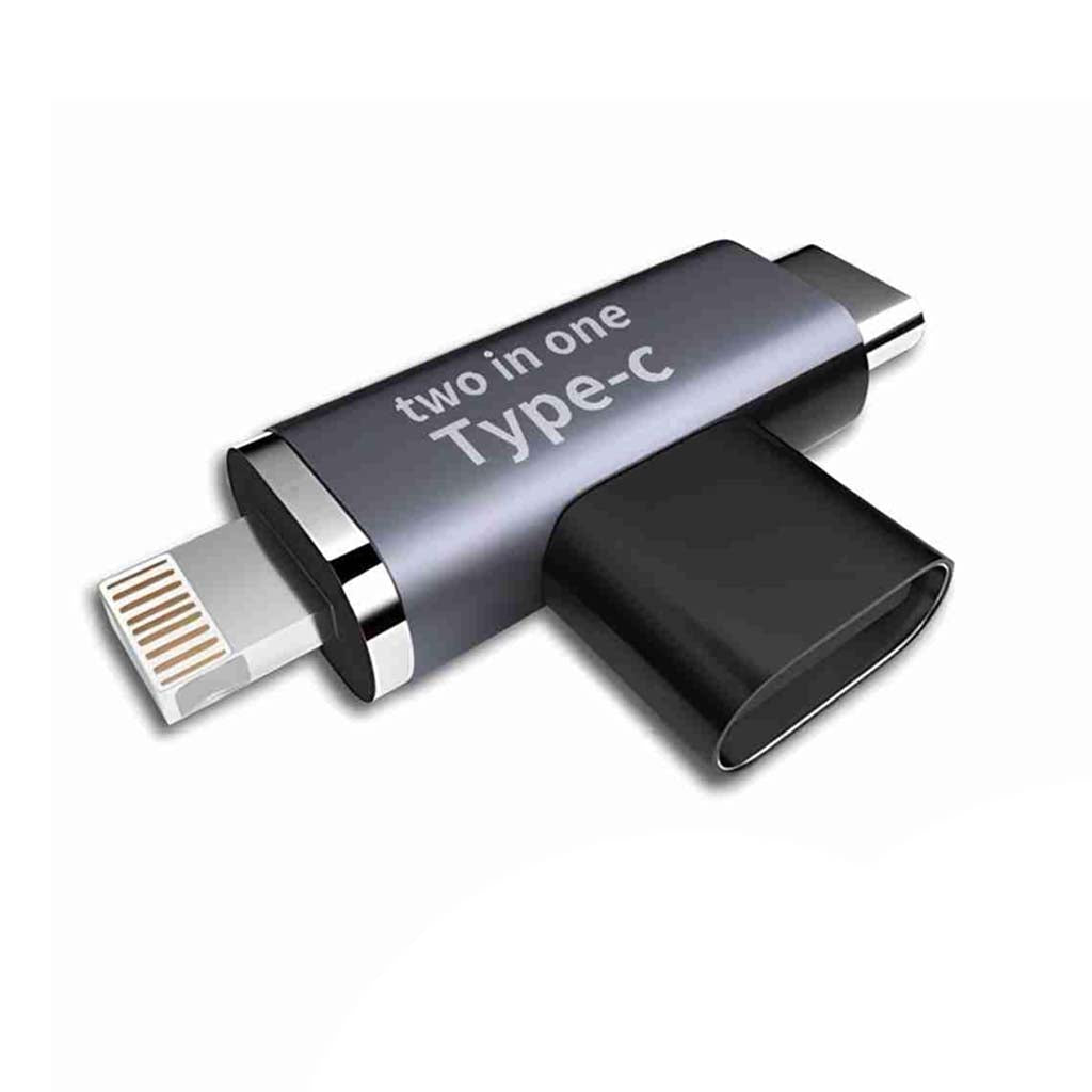 TECPHILE 2-in-1 Adapter with USB-C male and Lightning male connectors for fast charging and data transfer. Compact design for laptops and mobile devices.