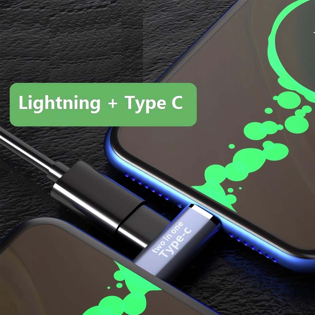 TECPHILE 2-in-1 Adapter connected to smartphones showing simultaneous Lightning and USB-C charging, perfect for dual-device usage.