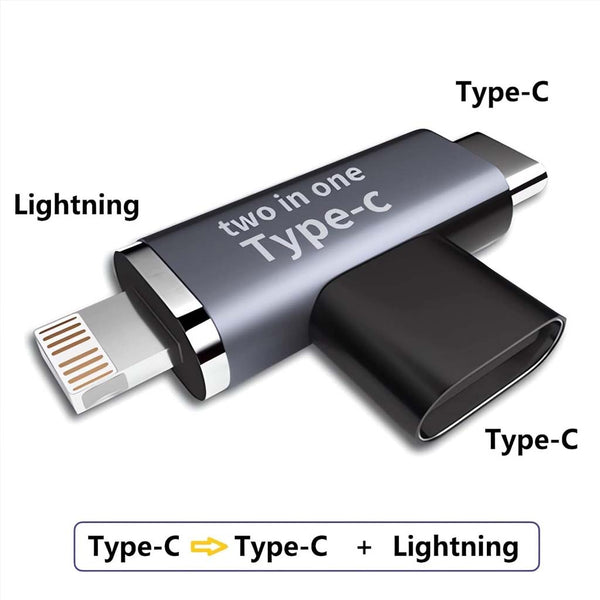 TECPHILE- 2-in-1 Type-C Female to USB-C Male/Lightning Male Splitter Adapter - 7